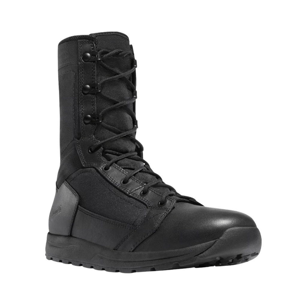 Danner Men’s Tachyon 8" Plain Toe Boot in Black Hot featuring an 8-inch tactical boot silhouette, lightweight unlined upper, plain toe design, open-cell polyurethane footbed, EVA midsole, speed lace system, Danner Tachyon outsole, and durable construction built for agility, stability, and all-day comfort during training, patrol, and tactical operations.
