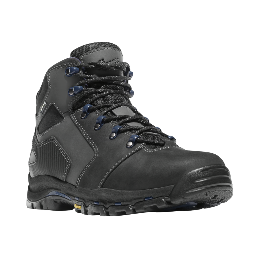 Danner Men’s Vicious 4.5" Composite Toe NMT Boot in Black featuring a full-grain waterproof leather upper, 4.5-inch work boot silhouette, composite safety toe, Danner Dry waterproof lining, dual-density EVA midsole, TPU shank, Trailguard platform, Vibram Vicious outsole, and abrasion-resistant toe cap designed for lightweight protection, durability, and all-day comfort.