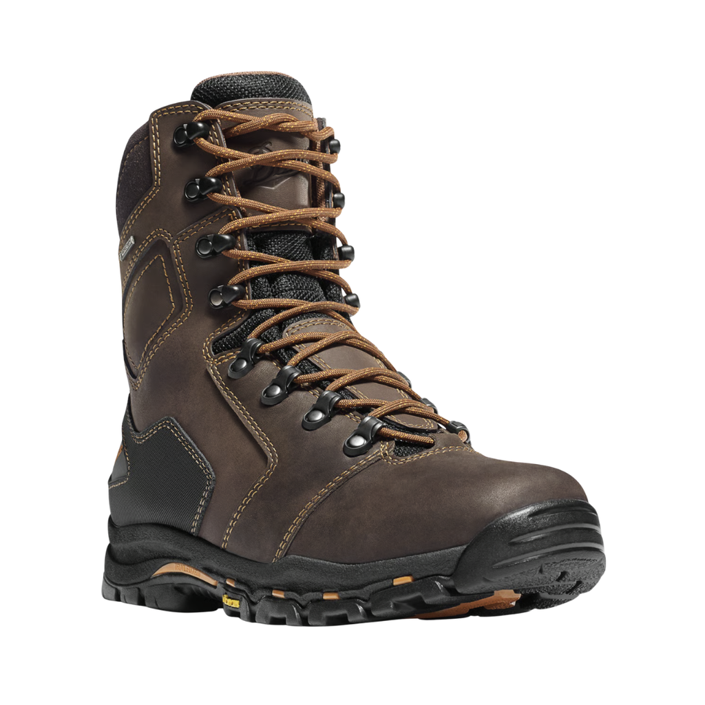 Danner Men’s Vicious 8" Composite Toe NMT Boot in Brown featuring a full-grain waterproof leather upper, 8-inch work boot silhouette, non-metallic composite safety toe, Danner Dry waterproof barrier, dual-density EVA midsole, TPU shank, Trailguard platform, Vibram Vicious outsole, and durable construction designed for protection, stability, and all-day comfort in demanding work environments.