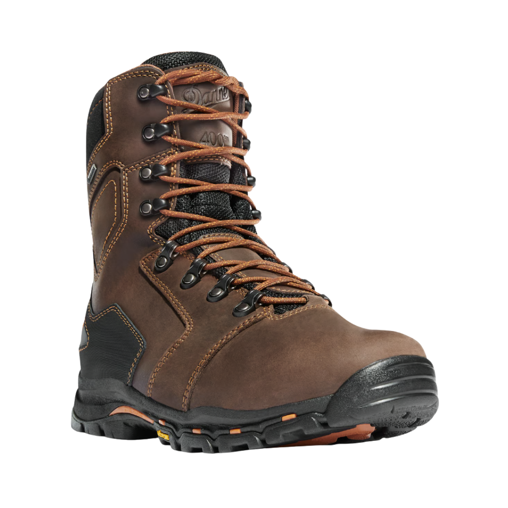 Danner Men’s Vicious 8" NMT Waterproof Composite Toe Boot in Brown/Orange featuring a full-grain leather upper, 8-inch work boot silhouette, non-metallic composite safety toe, GORE-TEX waterproof liner, 400G Thinsulate™ Ultra insulation, Danner Trailguard platform, Vibram outsole, and rugged construction designed for warmth, protection, and all-day comfort in demanding work environments.