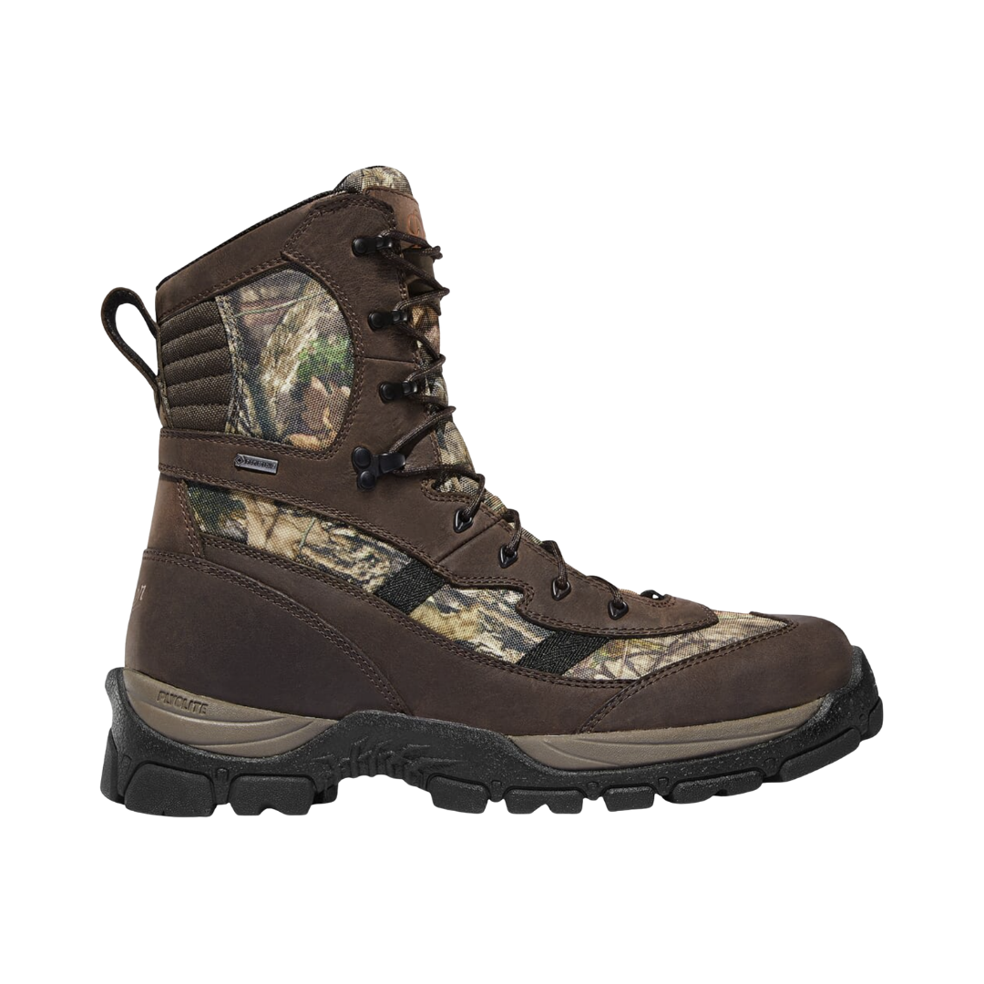 Men’s Alsea 8" Waterproof Boot in Country Mossy Oak featuring a full-grain leather and abrasion-resistant nylon upper, 8-inch hunting boot silhouette, 100% waterproof GORE-TEX liner, 1000G PrimaLoft insulation, OrthoLite footbed, and Plyolite midsole designed for dependable warmth, comfort, and rugged outdoor performance.