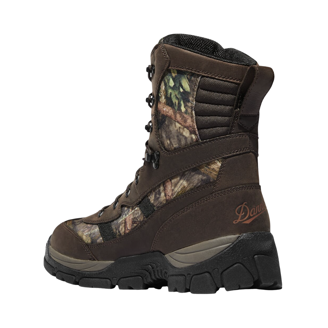 Back heel view of the Men’s Alsea 8" Waterproof Boot in Country Mossy Oak highlighting the supportive 8-inch shaft, reinforced heel construction, waterproof GORE-TEX liner, insulated design, and stable outsole built to enhance ankle support, durability, and comfort during long days outdoors.