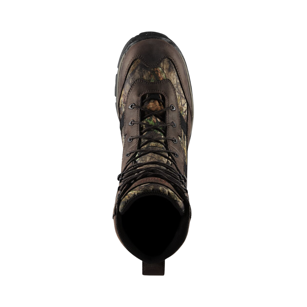 Top view of the Men’s Alsea 8" Waterproof Boot in Country Mossy Oak displaying the full-grain leather and abrasion-resistant nylon upper, secure lace-up system, waterproof GORE-TEX lining, insulated interior, OrthoLite footbed, and cushioned construction designed to provide breathable comfort, warmth, and lasting underfoot support.
