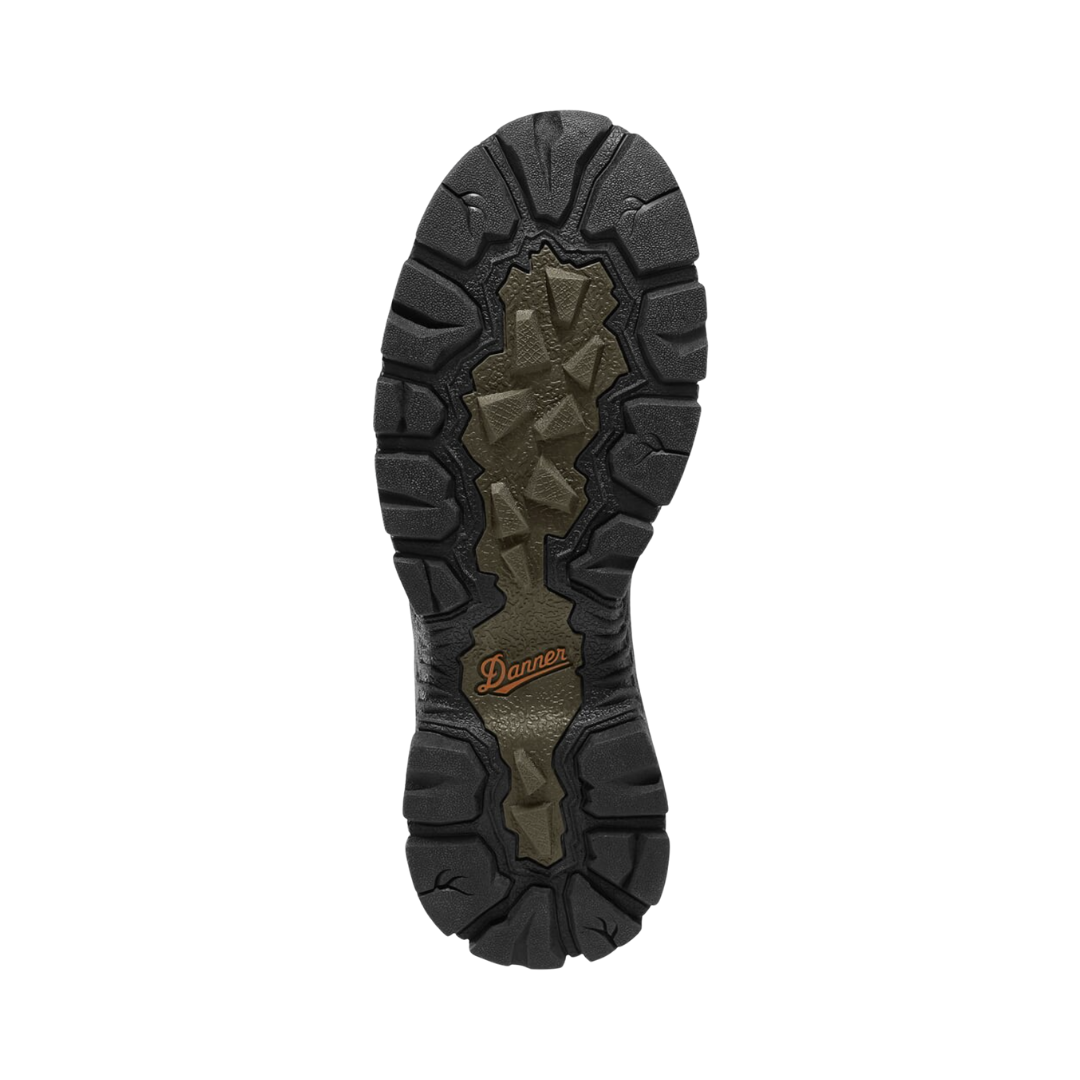 Bottom outsole view of the Men’s Alsea 8" Waterproof Boot in Country Mossy Oak featuring the rugged high-traction outsole engineered to provide dependable grip and stability on wet, muddy, rocky, and uneven terrain while supporting conditions such as plantar fasciitis, heel pain, arch discomfort, metatarsalgia, ankle fatigue, and general foot fatigue through cushioned support, stable construction, and ergonomic fit.
