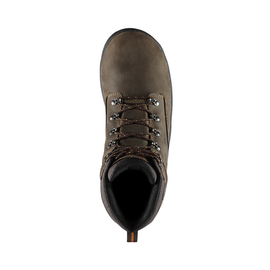 Top view of the Danner Men’s Crafter 6" Waterproof Plain Toe Boot in Brown displaying the triple-stitched nubuck leather upper, secure lace-up system, breathable waterproof Danner Dry lining, padded collar, and extra-plush DCS footbed designed to deliver moisture management, shock absorption, and all-day underfoot support.