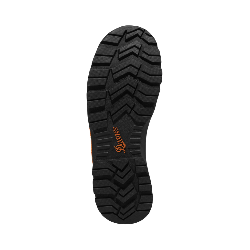 Bottom outsole view of the Danner Men’s Crafter 6" Waterproof Plain Toe Boot in Brown featuring the oil- and slip-resistant outsole engineered to provide dependable traction and stability on slick and hazardous work surfaces while EH-rated electrical hazard protection and supportive cushioning help provide comfort for conditions such as plantar fasciitis, heel pain, arch discomfort, metatarsalgia, flat feet, ankle fatigue, joint stress, and general foot fatigue.