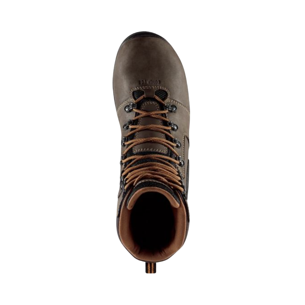 Top view of the Danner Men’s Crafter 8" Waterproof NMT Composite Toe Boot in Brown displaying the durable leather upper, secure lace-up system, breathable waterproof Danner Dry lining, anatomical broader toe box, and PLUS dual-density footbed designed to provide moisture management, targeted cushioning, and enhanced support throughout the workday.
