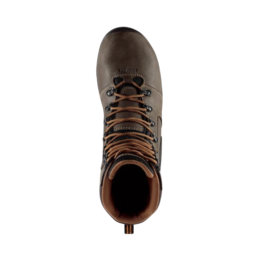 Top view of the Danner Men’s Crafter 8" Waterproof NMT Composite Toe Boot in Brown displaying the durable leather upper, secure lace-up system, breathable waterproof Danner Dry lining, anatomical broader toe box, and PLUS dual-density footbed designed to provide moisture management, targeted cushioning, and enhanced support throughout the workday.