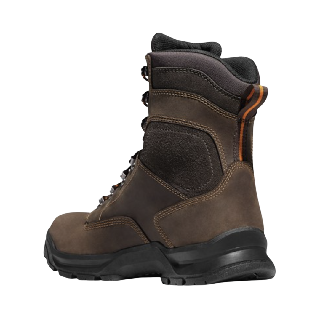 Back heel view of the Danner Men’s Crafter 8" Waterproof Plain Toe Boot in Brown highlighting the supportive 8-inch shaft, reinforced heel construction, waterproof Danner Dry liner, 90-degree heel, and durable outsole designed to improve ankle stability, reduce fatigue, and provide reliable traction on challenging job sites.