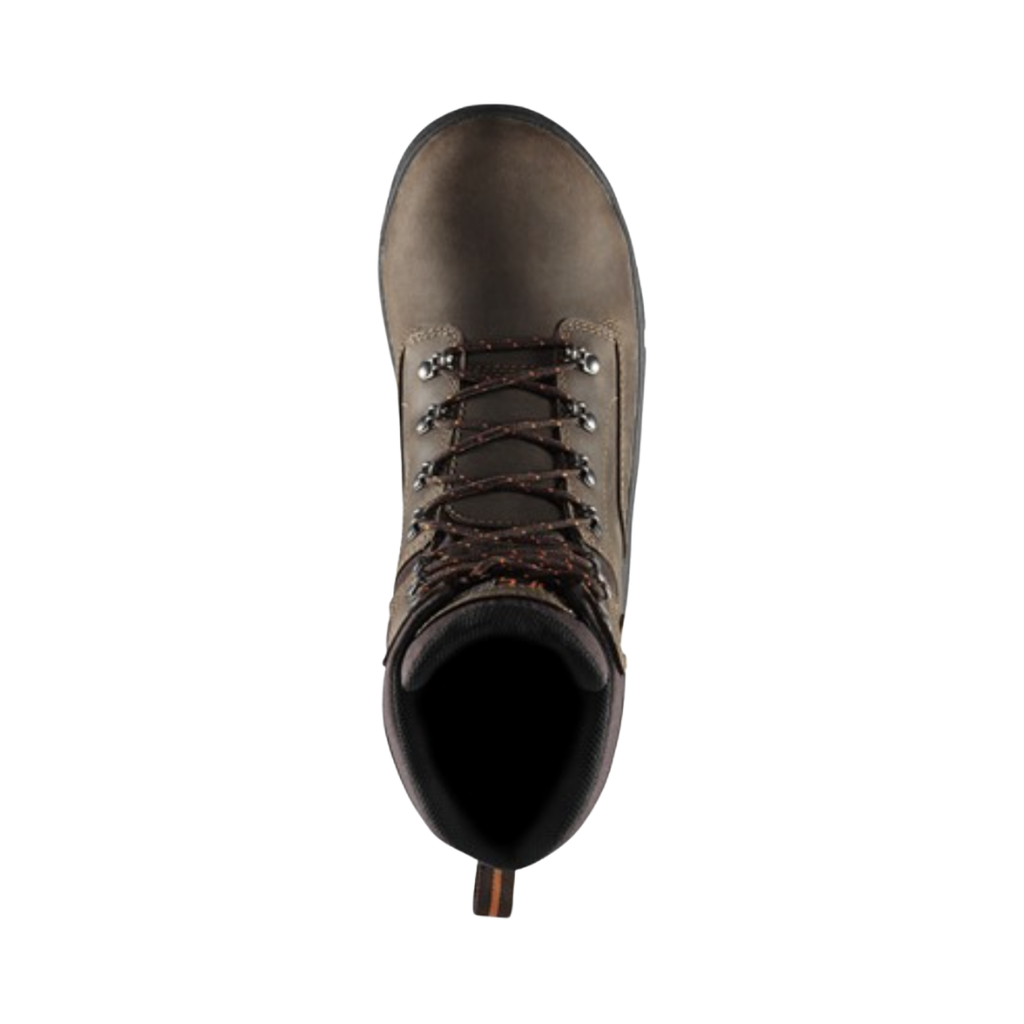 Top view of the Danner Men’s Crafter 8" Waterproof Plain Toe Boot in Brown displaying the premium leather upper, secure lace-up system, breathable waterproof Danner Dry lining, padded collar, and supportive construction with a nylon shank designed to deliver lasting comfort, moisture management, and enhanced midfoot stability.