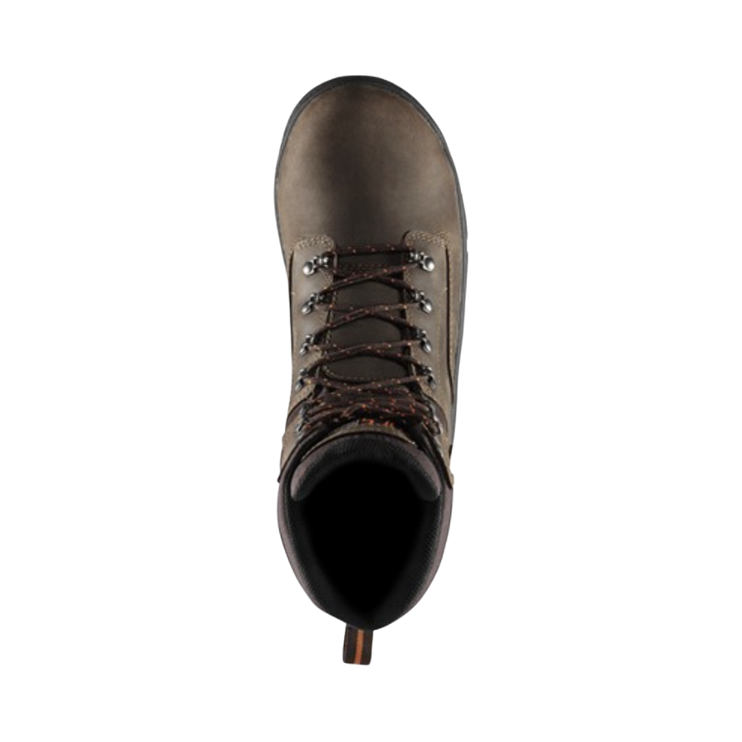 Top view of the Danner Men’s Crafter 8" Waterproof Plain Toe Boot in Brown displaying the premium leather upper, secure lace-up system, breathable waterproof Danner Dry lining, padded collar, and supportive construction with a nylon shank designed to deliver lasting comfort, moisture management, and enhanced midfoot stability.