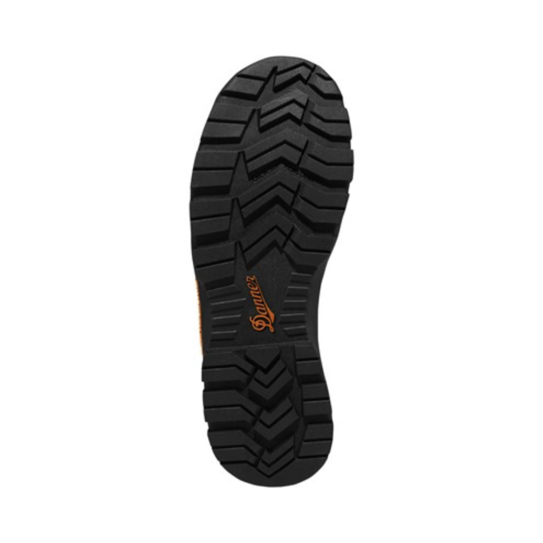 Bottom outsole view of the Danner Men’s Crafter 8" Waterproof Plain Toe Boot in Brown featuring the Danner Crafter oil- and slip-resistant outsole engineered to provide dependable traction and stability on slick and rugged work surfaces while EH-rated electrical hazard protection and supportive construction help provide comfort for conditions such as plantar fasciitis, heel pain, arch discomfort, metatarsalgia, flat feet, ankle fatigue, joint stress, and general foot fatigue.