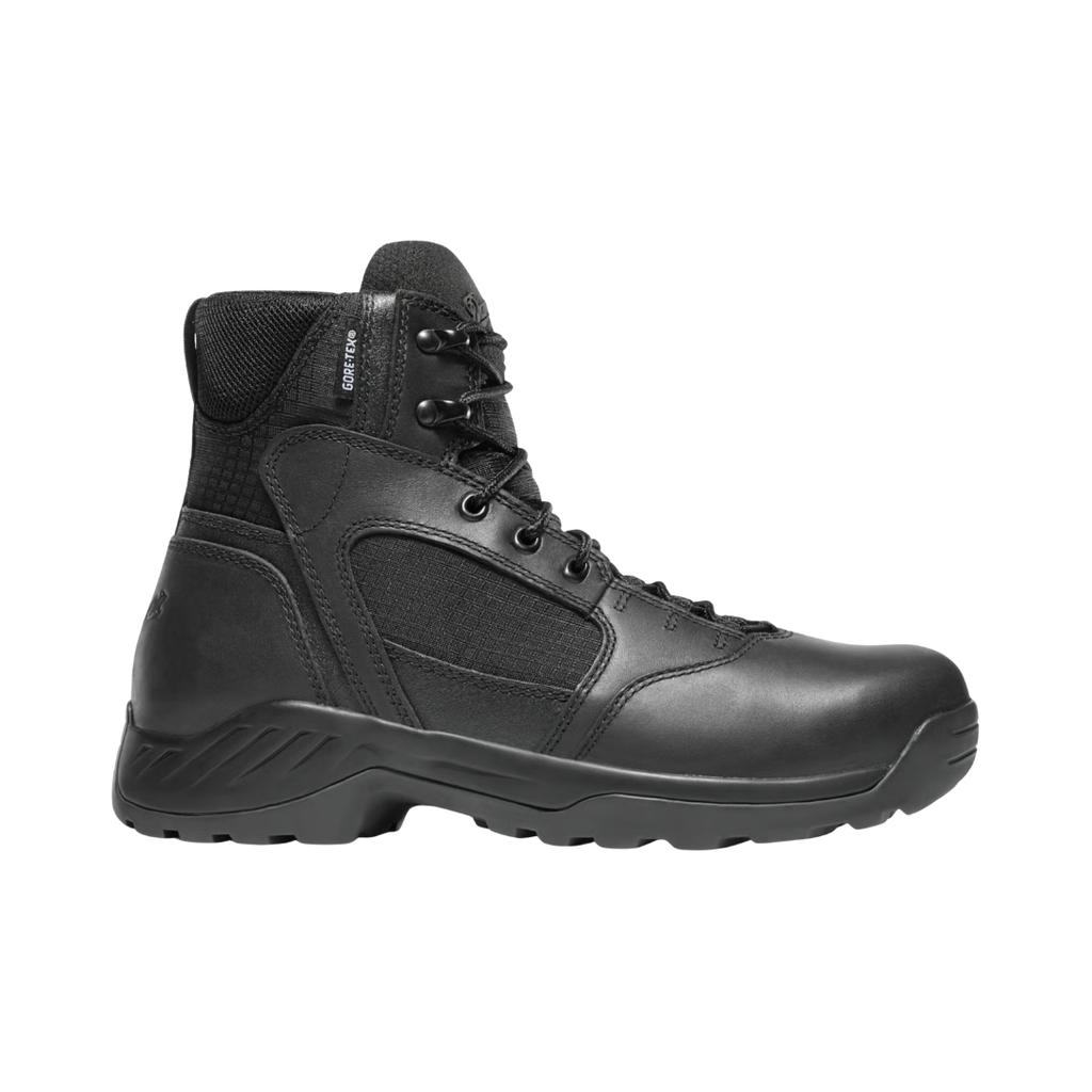 Danner Men’s Kinetic Side-Zip 6" Waterproof Plain Toe Boot in Black featuring a durable tactical upper, 6-inch boot silhouette, GORE-TEX waterproof liner, side-zip entry with lace-up closure, plush dual-density footbed with Airthotic heel clip, and Danner Kinetic outsole designed for lightweight comfort, stability, and high-performance tactical use.