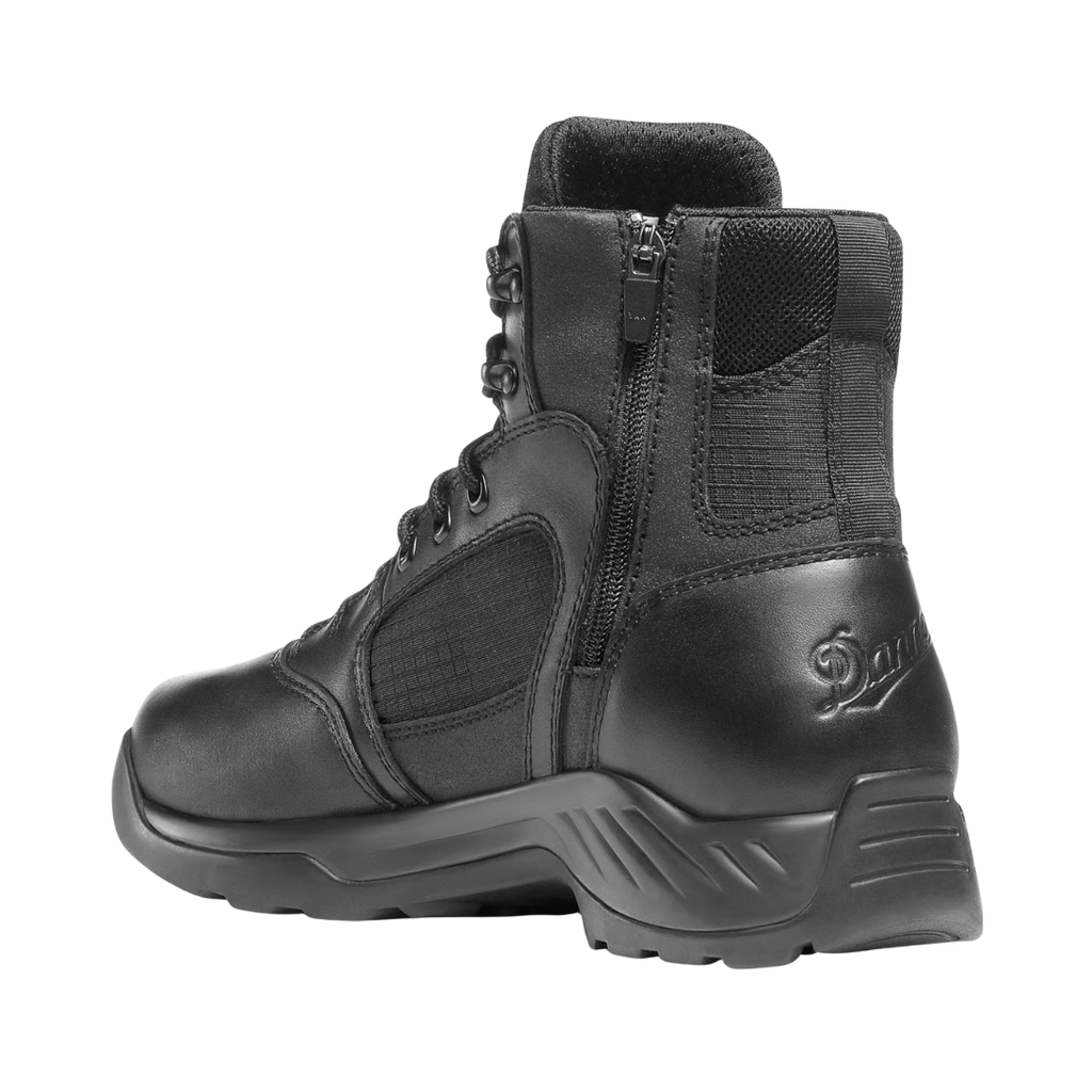 Back heel view of the Danner Men’s Kinetic Side-Zip 6" Waterproof Plain Toe Boot in Black highlighting the supportive 6-inch shaft, reinforced heel construction, GORE-TEX waterproof protection, Airthotic heel clip, and lightweight Danner Kinetic outsole engineered to improve heel stability, reduce fatigue, and provide lasting durability.