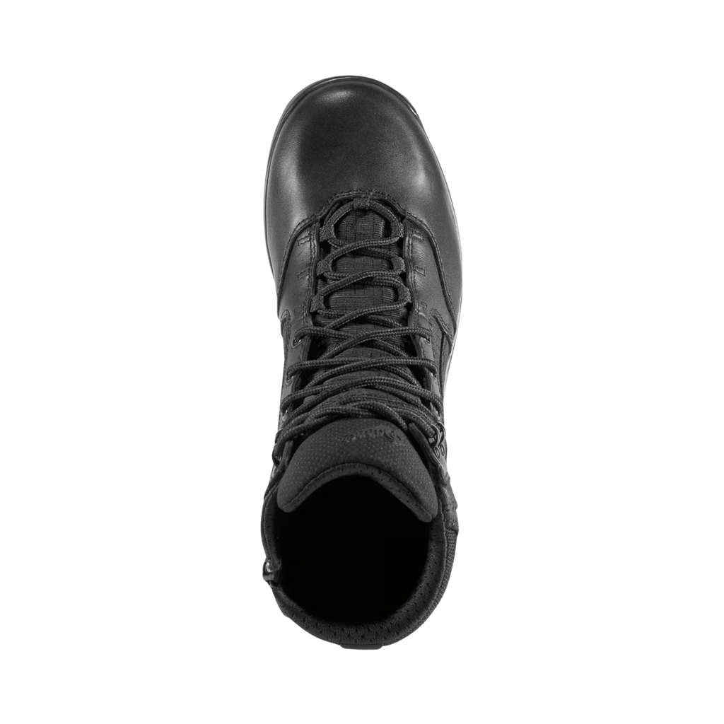 Top view of the Danner Men’s Kinetic Side-Zip 6" Waterproof Plain Toe Boot in Black displaying the durable tactical upper, secure lace-up system, convenient side zipper, breathable GORE-TEX waterproof lining, padded collar, and plush dual-density footbed designed to deliver moisture management, shock absorption, and all-day underfoot comfort.