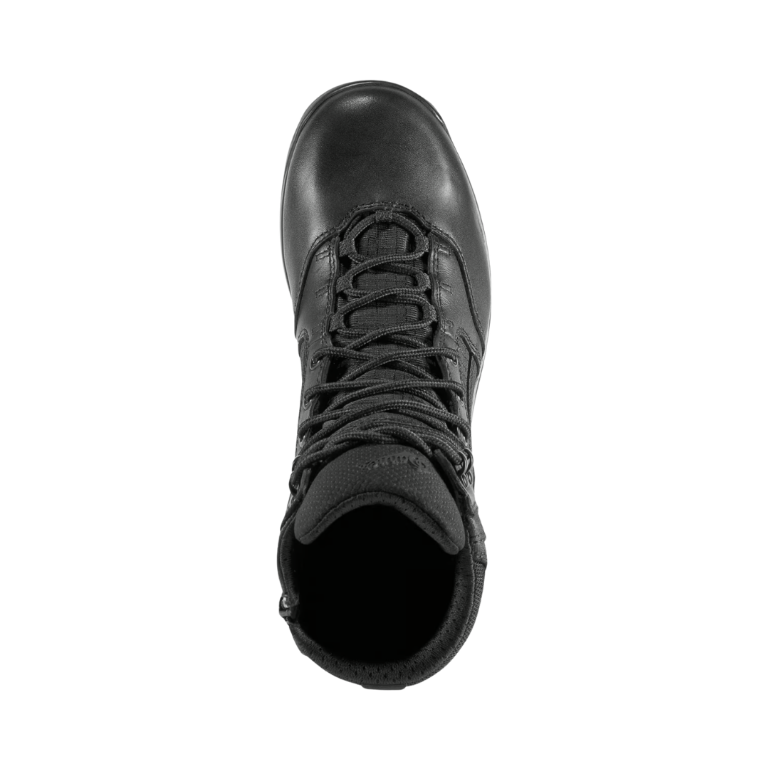Top view of the Danner Men’s Kinetic Side-Zip 6" Waterproof Plain Toe Boot in Black displaying the durable tactical upper, secure lace-up system, convenient side zipper, breathable GORE-TEX waterproof lining, padded collar, and plush dual-density footbed designed to deliver moisture management, shock absorption, and all-day underfoot comfort.