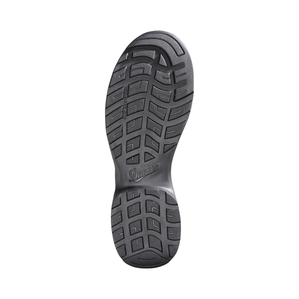 Bottom outsole view of the Danner Men’s Kinetic Side-Zip 6" Waterproof Plain Toe Boot in Black featuring the lightweight Danner Kinetic outsole engineered to provide dependable traction, agility, and stability on a variety of indoor and outdoor surfaces while supportive cushioning helps provide comfort for conditions such as plantar fasciitis, heel pain, arch discomfort, metatarsalgia, flat feet, ankle fatigue, joint stress, and general foot fatigue.