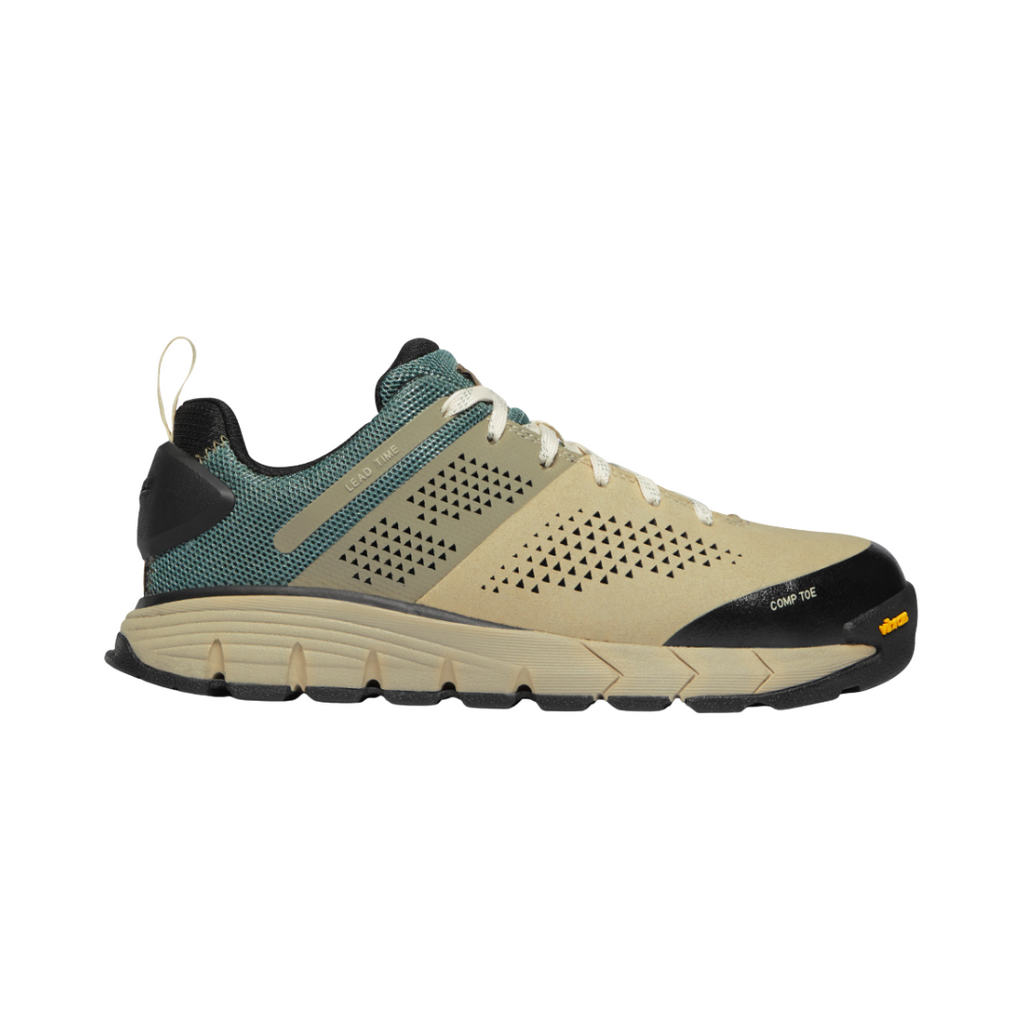 Danner Lead Time 3" Composite Toe NMT Shoe in Turquoise featuring a breathable mesh upper, low-profile athletic work shoe silhouette, non-metallic composite safety toe, dual-density Danner Comfort midsole, lightweight EVA construction, slip-resistant rubber outsole, and modern design built for all-day comfort, protection, and mobility.