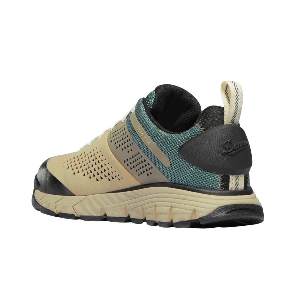 Back heel view of the Danner Lead Time 3" Composite Toe NMT Shoe in Turquoise highlighting the reinforced heel counter, low-cut athletic profile, cushioned Danner Comfort midsole, breathable upper, and durable outsole designed to improve heel stability, reduce fatigue, and provide lasting comfort throughout the workday.