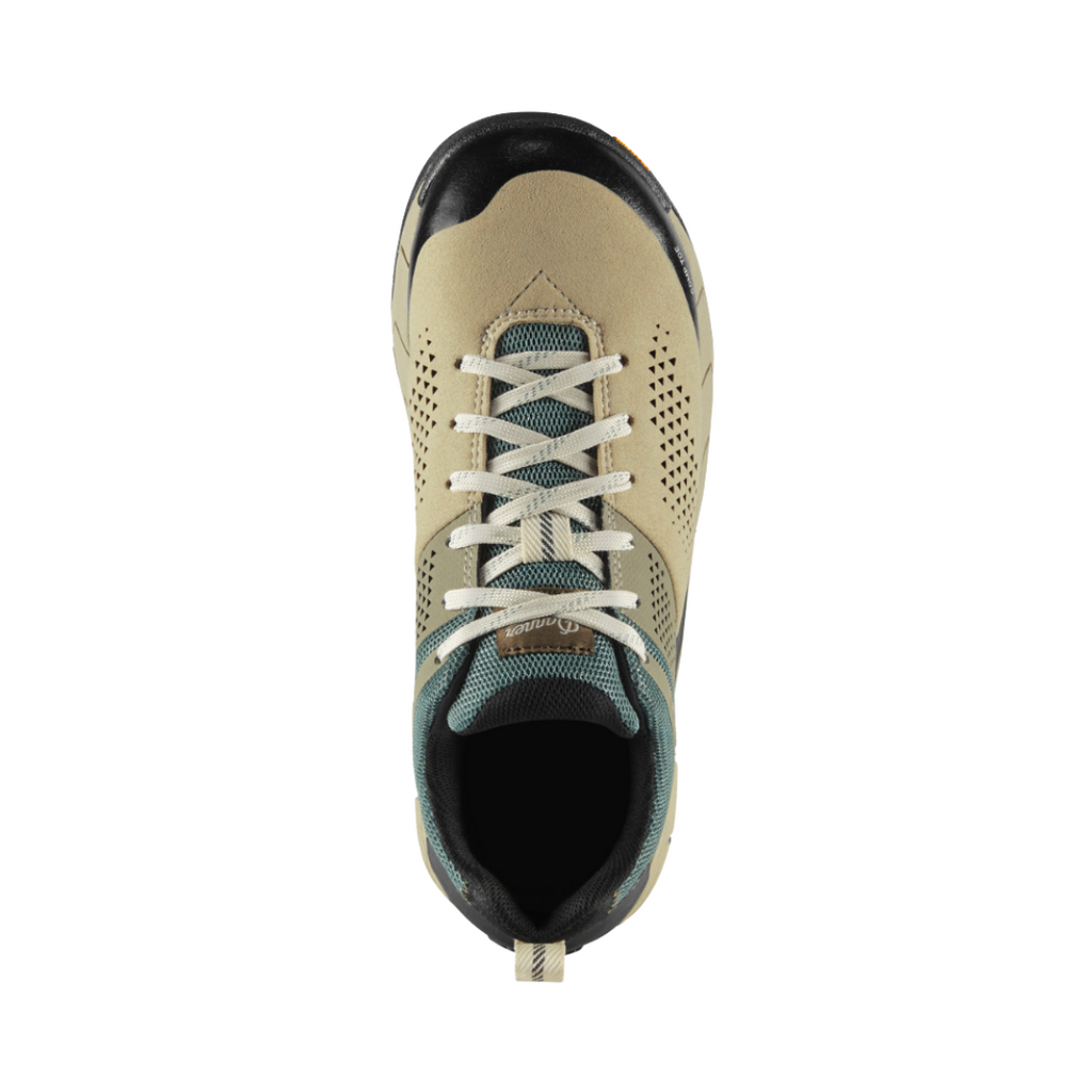 Top view of the Danner Lead Time 3" Composite Toe NMT Shoe in Turquoise displaying the breathable mesh upper, secure lace-up system, roomy toe box with non-metallic composite protection, cushioned dual-density Danner Comfort midsole, and lightweight athletic design engineered for airflow, shock absorption, and supportive comfort.