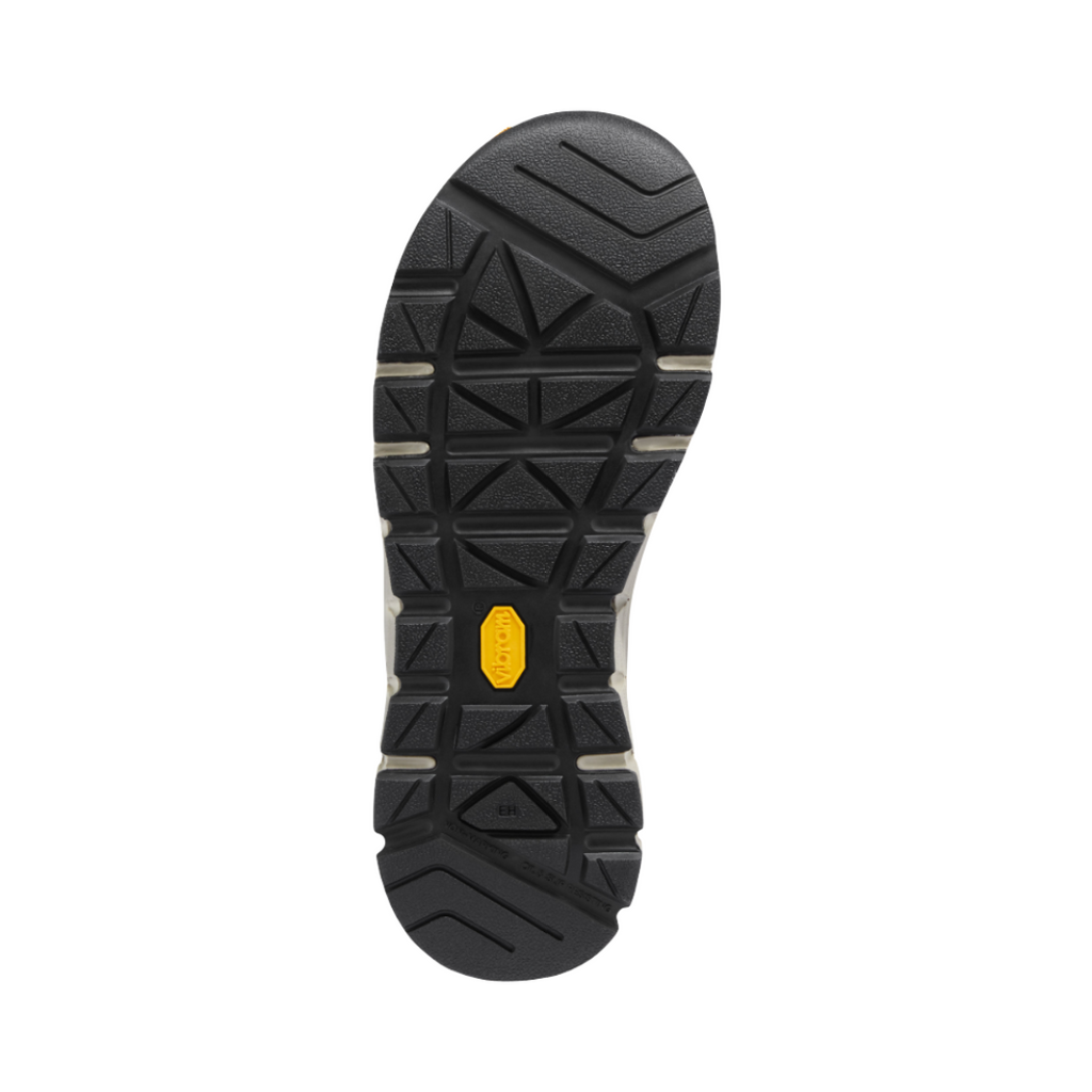 Bottom outsole view of the Danner Lead Time 3" Composite Toe NMT Shoe in Turquoise featuring the slip-resistant rubber outsole engineered to provide dependable traction and stability on slick work surfaces while the lightweight EVA construction, EH-rated protection, and supportive cushioning help provide comfort for conditions such as plantar fasciitis, flat feet, overpronation, arthritis, heel spurs, and metatarsalgia.