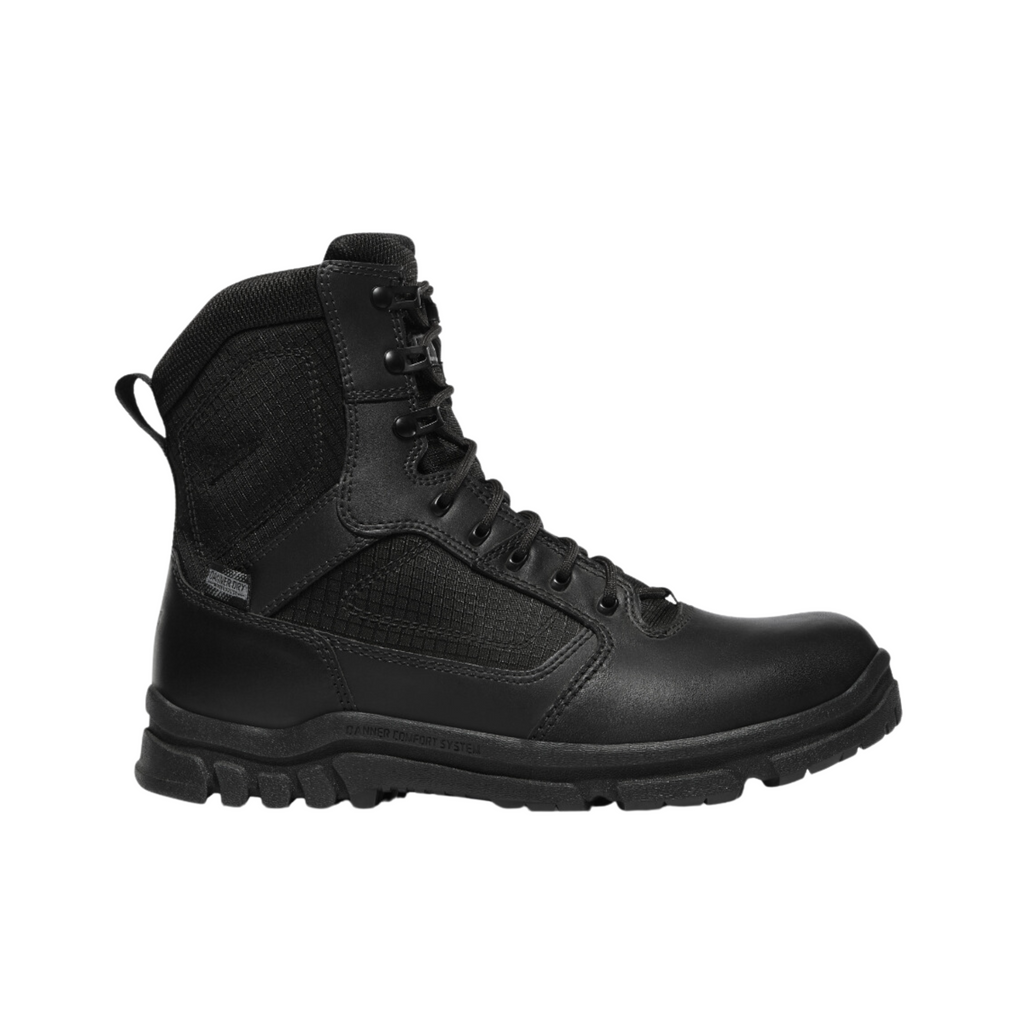 Danner Men’s Lookout Side-Zip 8" Plain Toe Boot in Black featuring a polishable full-grain leather and ripstop nylon upper, 8-inch tactical boot silhouette, side-zip entry, Danner Comfort System platform, Danner Dry waterproof membrane, slip-resistant rubber outsole, and durable construction designed for long shifts, tactical performance, and all-day support.