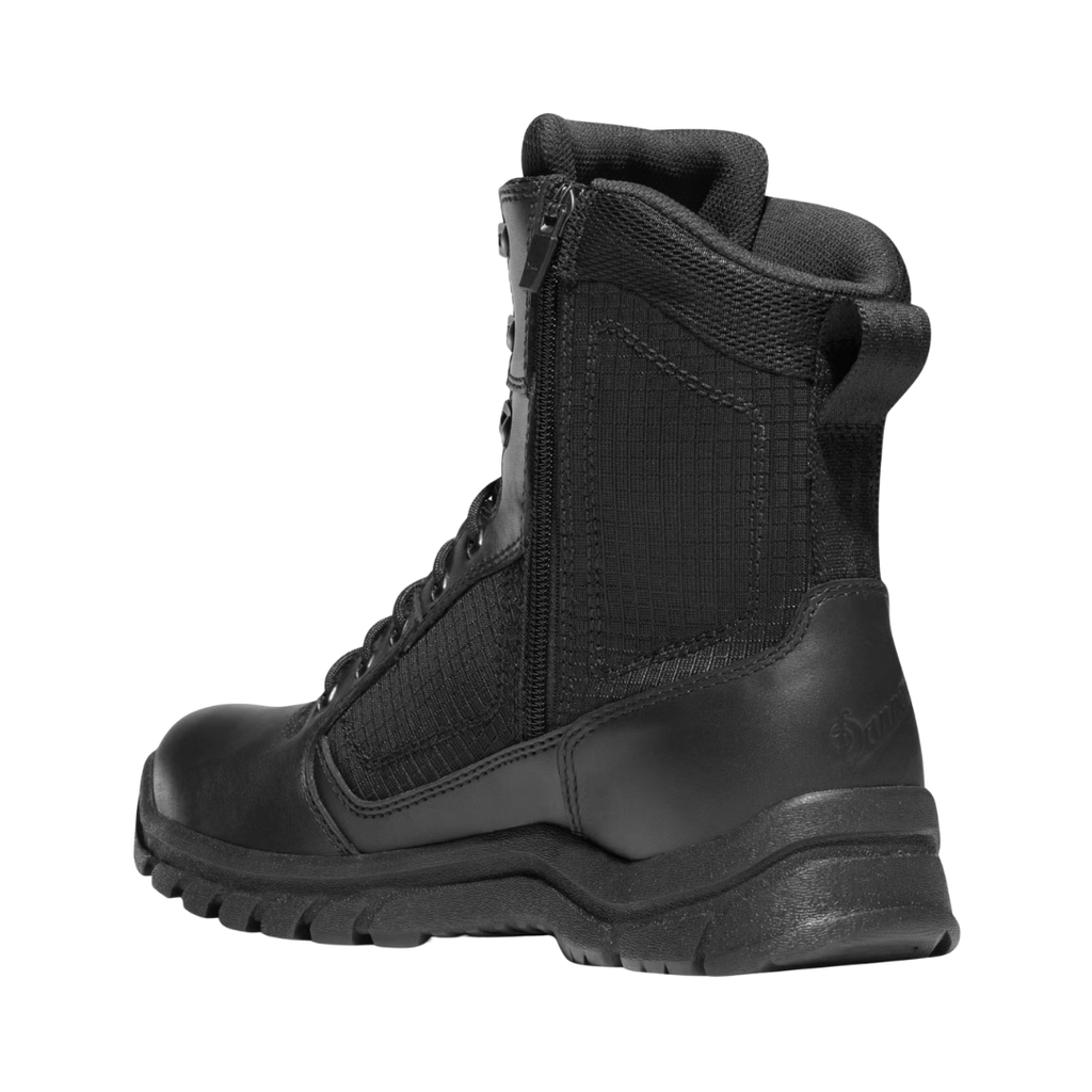 Back heel view of the Danner Men’s Lookout Side-Zip 8" Plain Toe Boot in Black highlighting the supportive 8-inch shaft, reinforced heel construction, waterproof Danner Dry membrane, durable heel structure, and slip-resistant outsole designed to enhance ankle support, stability, and confidence during extended shifts.