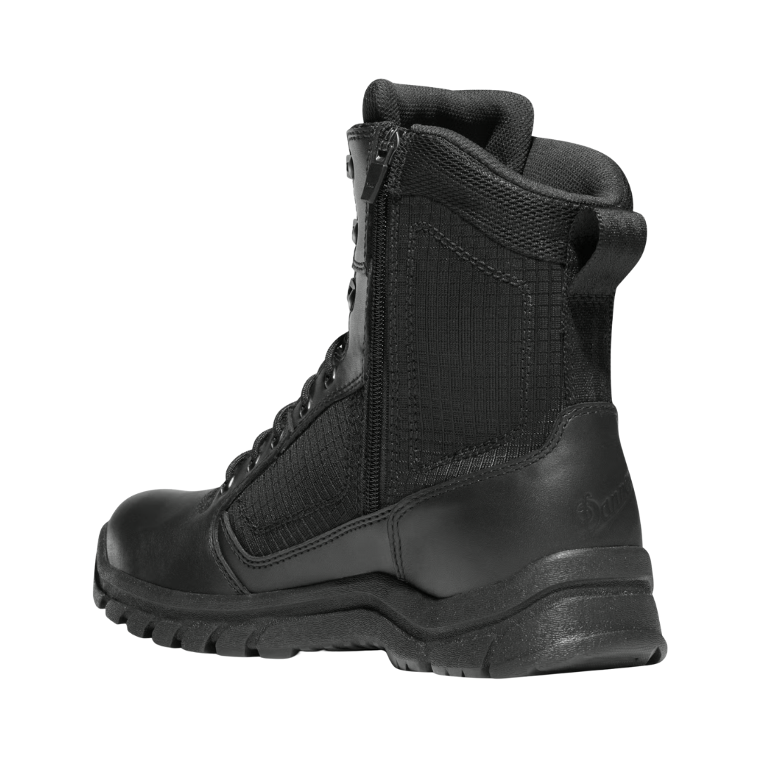 Back heel view of the Danner Men’s Lookout Side-Zip 8" Plain Toe Boot in Black highlighting the supportive 8-inch shaft, reinforced heel construction, waterproof Danner Dry membrane, durable heel structure, and slip-resistant outsole designed to enhance ankle support, stability, and confidence during extended shifts.