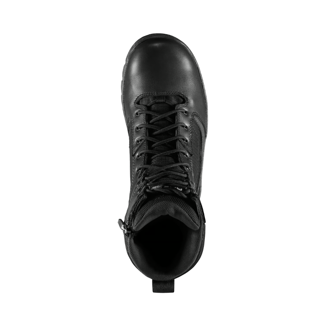 Top view of the Danner Men’s Lookout Side-Zip 8" Plain Toe Boot in Black displaying the polishable leather and ripstop nylon upper, lace-up closure, side zipper, breathable waterproof lining, padded collar, and Danner Comfort System platform designed to provide cushioning, arch support, moisture management, and long-lasting comfort.