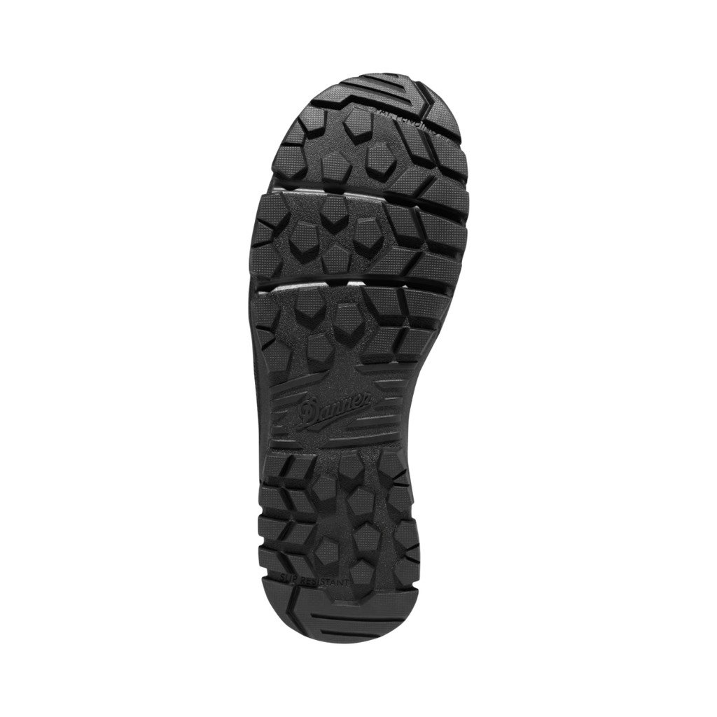 Bottom outsole view of the Danner Men’s Lookout Side-Zip 8" Plain Toe Boot in Black featuring the slip-resistant rubber outsole with multi-directional lugs engineered for reliable traction on wet, uneven, and demanding surfaces while supportive construction helps provide comfort for conditions such as plantar fasciitis, flat feet, overpronation, arthritis, heel spurs, and ankle instability.