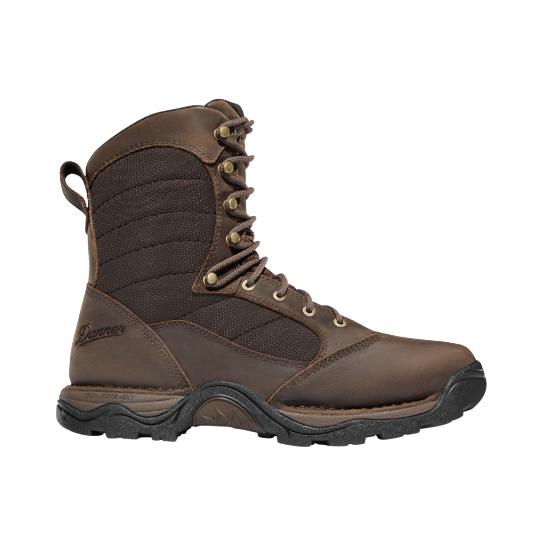 Danner Men’s Pronghorn 8" Waterproof Plain Toe Boot in Brown featuring a rugged leather upper, 8-inch hunting boot silhouette, GORE-TEX waterproof lining, TERRA FORCE NEXT platform, Vibram SPE midsole, Vibram Pronghorn outsole, and durable outdoor construction designed for superior stability, cushioning, and performance across challenging terrain.