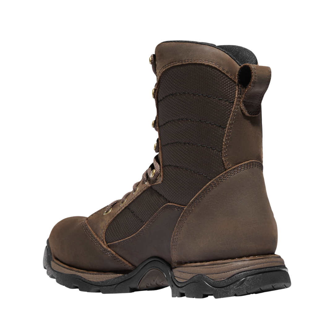 Back heel view of the Danner Men’s Pronghorn 8" Waterproof Plain Toe Boot in Brown highlighting the supportive 8-inch shaft, reinforced heel construction, GORE-TEX waterproof protection, TERRA FORCE NEXT platform, and durable Vibram outsole designed to enhance ankle stability, reduce fatigue, and provide dependable performance on uneven terrain.