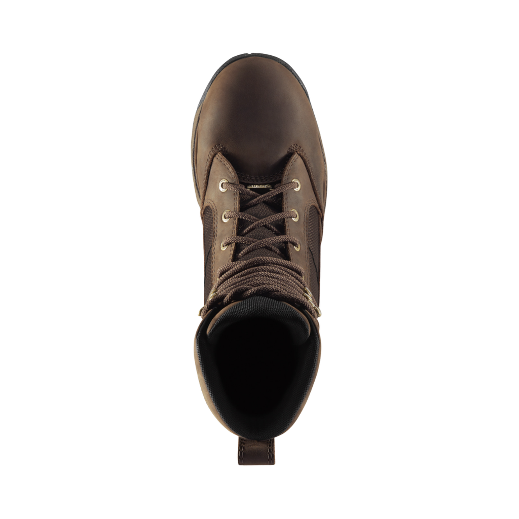Top view of the Danner Men’s Pronghorn 8" Waterproof Plain Toe Boot in Brown displaying the premium leather upper, secure lace-up system, breathable GORE-TEX waterproof lining, removable cushioned PU footbed, and thermoplastic PU shank designed to provide moisture management, lasting support, and all-day comfort during extended outdoor use.