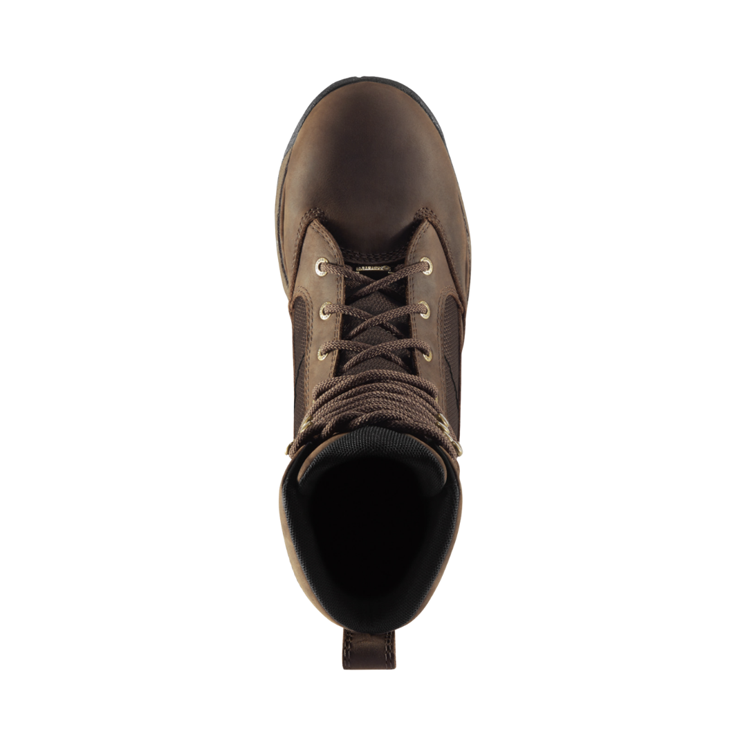 Top view of the Danner Men’s Pronghorn 8" Waterproof Plain Toe Boot in Brown displaying the premium leather upper, secure lace-up system, breathable GORE-TEX waterproof lining, removable cushioned PU footbed, and thermoplastic PU shank designed to provide moisture management, lasting support, and all-day comfort during extended outdoor use.