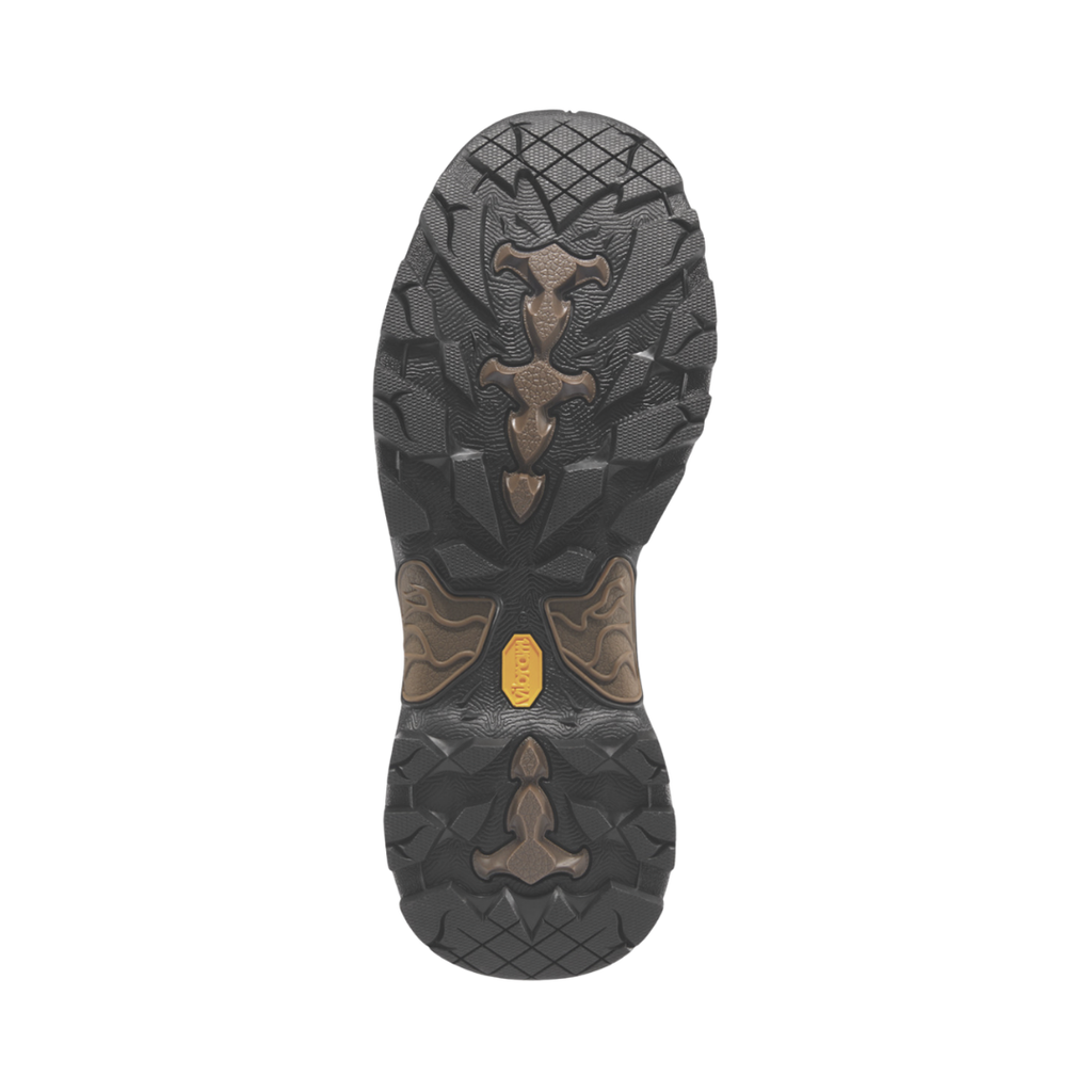 Bottom outsole view of the Danner Men’s Pronghorn 8" Waterproof Plain Toe Boot in Brown featuring the Vibram Pronghorn outsole with an aggressive lug pattern engineered for exceptional traction, durability, and stability on rocky, muddy, and uneven terrain while the supportive construction helps provide comfort for conditions such as plantar fasciitis, heel pain, arch discomfort, metatarsalgia, ankle fatigue, joint stress, and general foot fatigue.