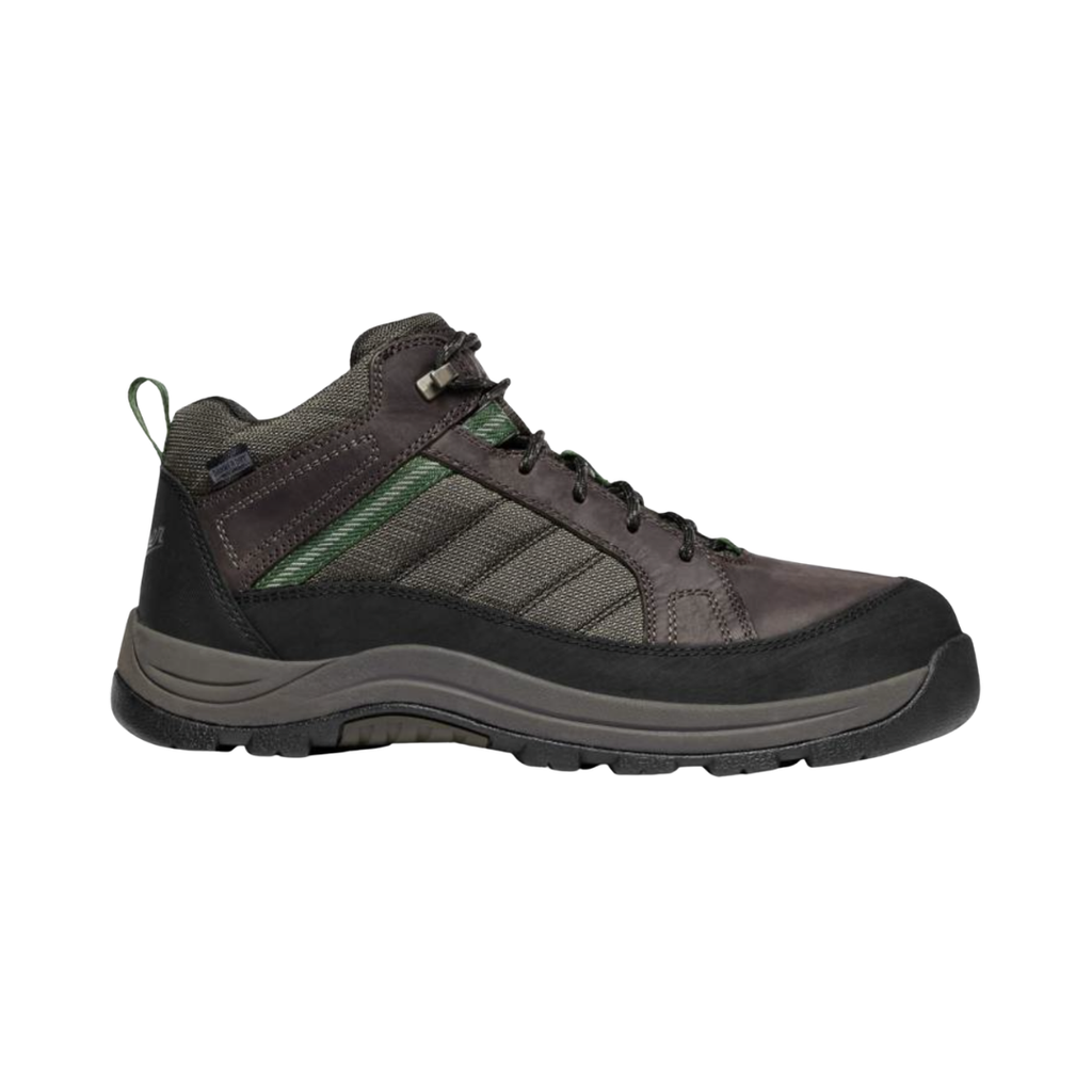 Danner Men’s Riverside 4.5" Waterproof Steel Toe Boot in Brown/Green featuring a durable leather upper, 4.5-inch work boot silhouette, steel safety toe, Danner Dry waterproof liner, EVA footbed, nylon shank, Danner Riverside outsole, and rugged construction designed for dependable protection, stability, and all-day comfort on demanding job sites.