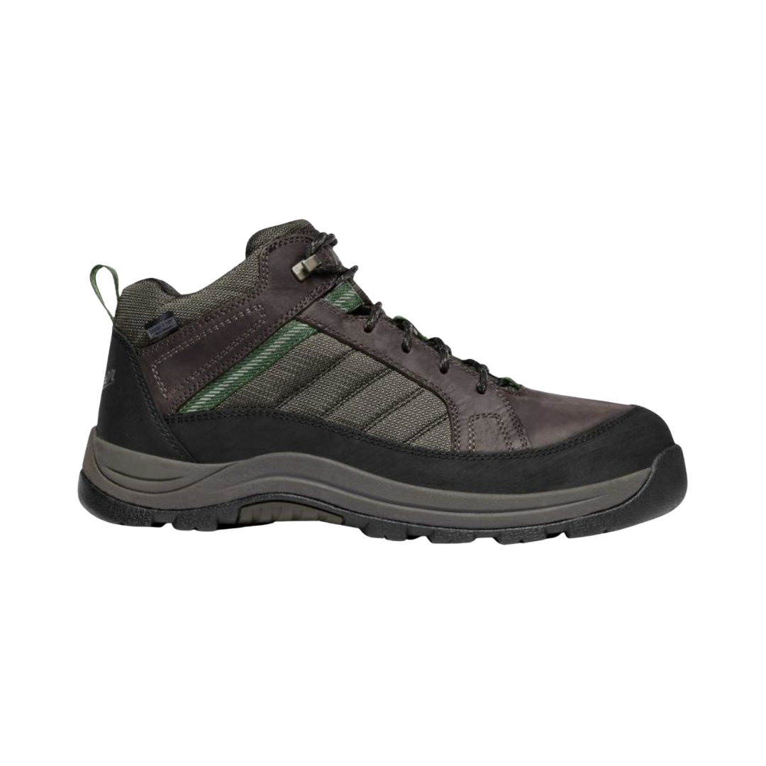 Danner Men’s Riverside 4.5" Waterproof Steel Toe Boot in Brown/Green featuring a durable leather upper, 4.5-inch work boot silhouette, steel safety toe, Danner Dry waterproof liner, EVA footbed, nylon shank, Danner Riverside outsole, and rugged construction designed for dependable protection, stability, and all-day comfort on demanding job sites.