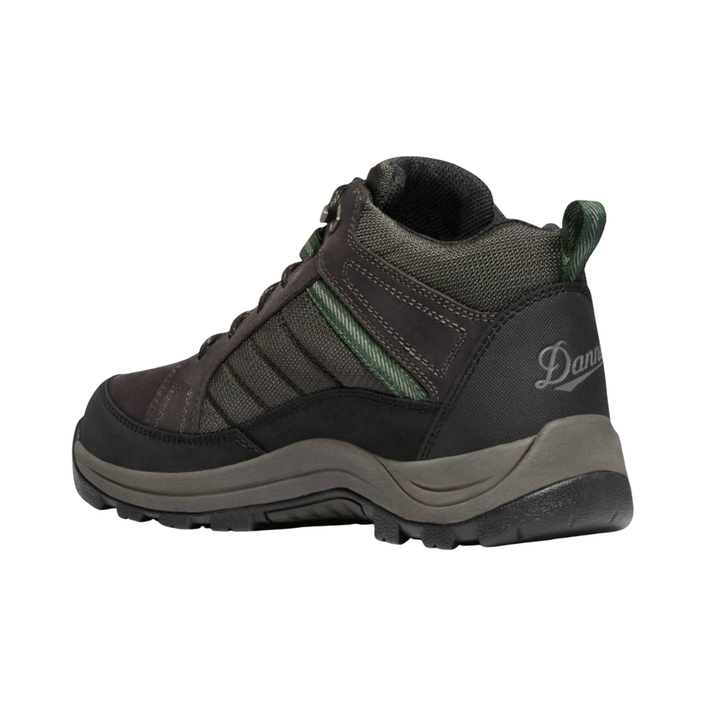 Back heel view of the Danner Men’s Riverside 4.5" Waterproof Steel Toe Boot in Brown/Green highlighting the supportive 4.5-inch shaft, reinforced heel construction, breathable Danner Dry waterproof liner, stable heel platform, and durable outsole designed to improve ankle support, reduce fatigue, and provide dependable performance in demanding work environments.