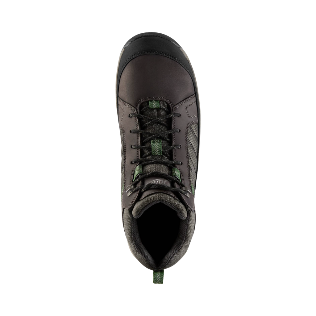 Top view of the Danner Men’s Riverside 4.5" Waterproof Steel Toe Boot in Brown/Green displaying the premium leather upper, secure lace-up system, breathable waterproof Danner Dry lining, cushioned EVA footbed, and supportive nylon shank designed to provide moisture management, shock absorption, and lasting underfoot comfort during long shifts.