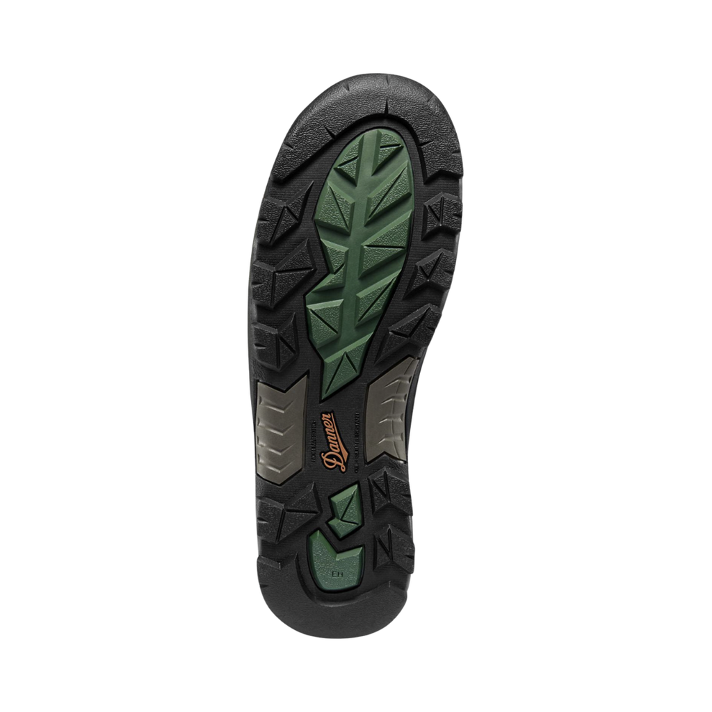 Bottom outsole view of the Danner Men’s Riverside 4.5" Waterproof Steel Toe Boot in Brown/Green featuring the Danner Riverside oil- and slip-resistant outsole engineered to provide dependable traction and stability on slick, uneven, and hazardous work surfaces while EH-rated electrical hazard protection and supportive cushioning help provide comfort for conditions such as plantar fasciitis, heel pain, arch discomfort, metatarsalgia, ankle fatigue, flat feet, joint stress, and general foot fatigue.