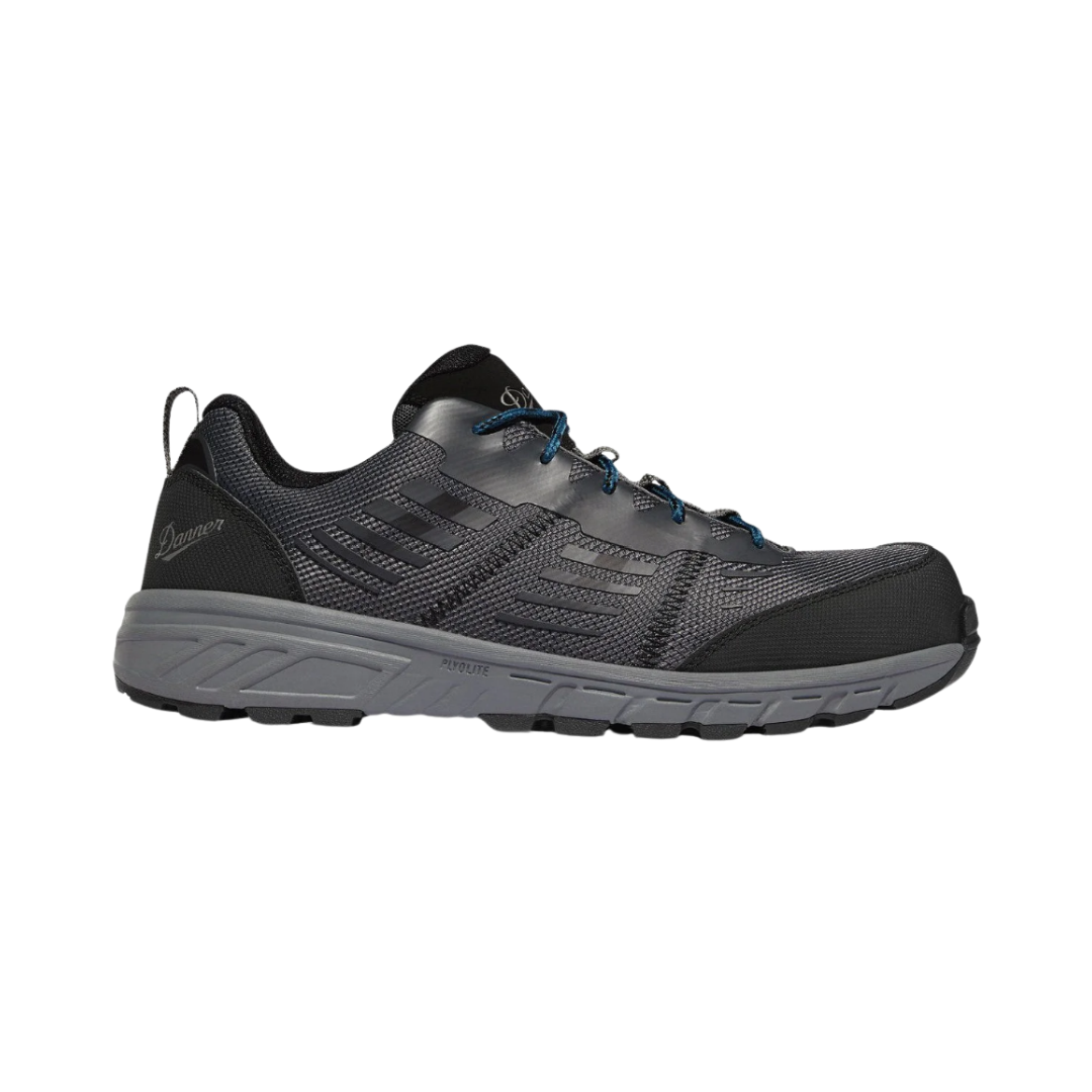Danner Run Time 3" Composite Toe NMT Shoe in Dark Shadow featuring a breathable mesh upper, low-cut athletic work shoe design, non-metallic composite safety toe, dual-density Danner Comfort midsole, slip-resistant rubber outsole, and lightweight construction designed for agility, protection, and all-day comfort on the job.