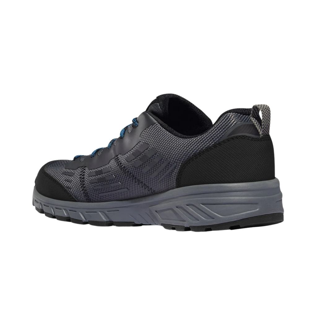 Back heel view of the Danner Run Time 3" Composite Toe NMT Shoe in Dark Shadow highlighting the reinforced heel counter, low-cut athletic profile, cushioned Danner Comfort midsole, breathable upper, and durable outsole designed to improve heel stability, reduce fatigue, and provide lasting comfort during active workdays.