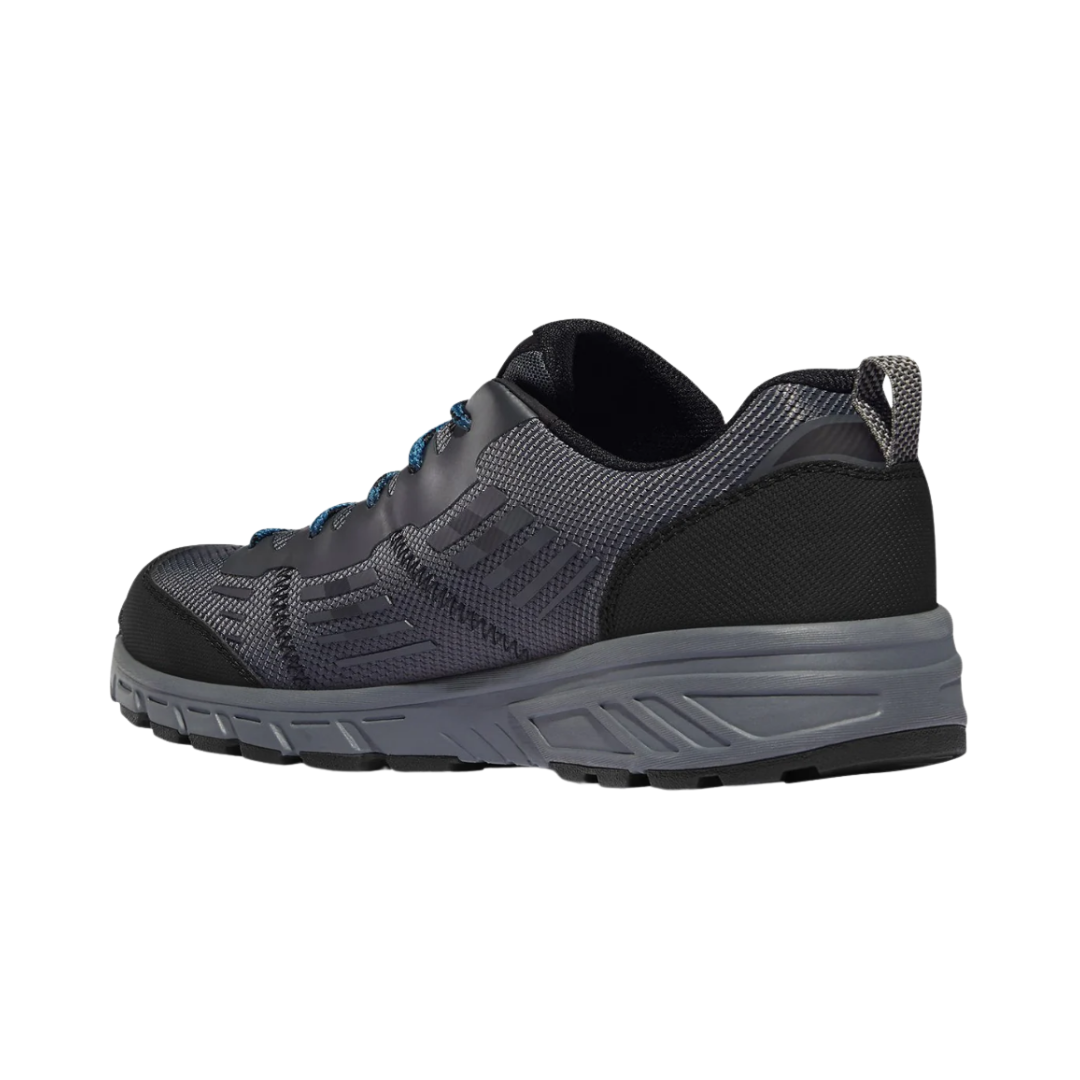 Back heel view of the Danner Run Time 3" Composite Toe NMT Shoe in Dark Shadow highlighting the reinforced heel counter, low-cut athletic profile, cushioned Danner Comfort midsole, breathable upper, and durable outsole designed to improve heel stability, reduce fatigue, and provide lasting comfort during active workdays.