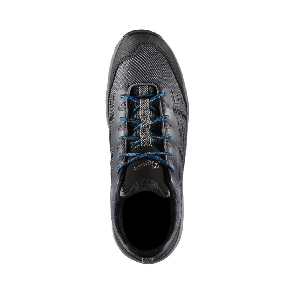 Top view of the Danner Run Time 3" Composite Toe NMT Shoe in Dark Shadow displaying the breathable mesh upper, secure lace-up system, roomy forefoot, cushioned dual-density Danner Comfort midsole, and athletic design engineered to provide airflow, shock absorption, and supportive comfort throughout the day.