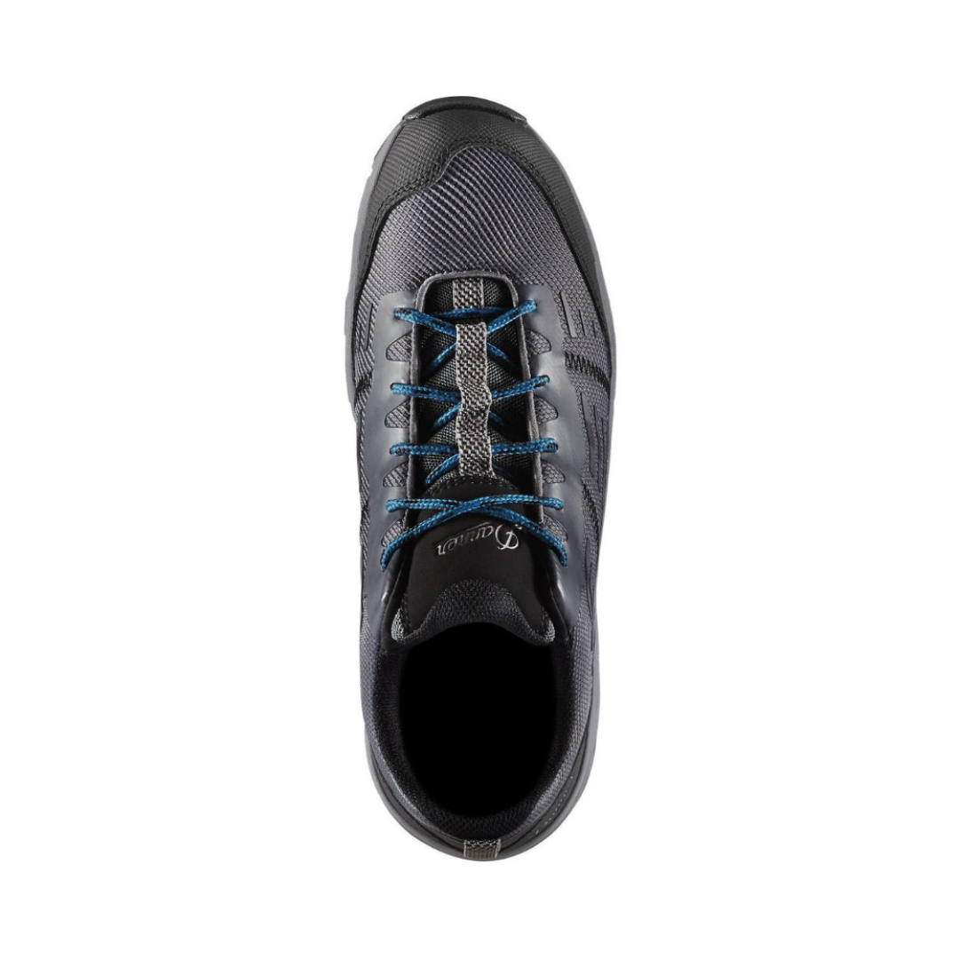 Top view of the Danner Run Time 3" Composite Toe NMT Shoe in Dark Shadow displaying the breathable mesh upper, secure lace-up system, roomy forefoot, cushioned dual-density Danner Comfort midsole, and athletic design engineered to provide airflow, shock absorption, and supportive comfort throughout the day.