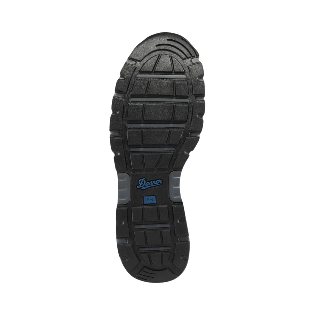 Bottom outsole view of the Danner Run Time 3" Composite Toe NMT Shoe in Dark Shadow featuring the slip-resistant rubber outsole engineered to provide dependable traction and stability on slick, oily, and uneven work surfaces while the lightweight construction, EH-rated protection, and supportive cushioning help provide comfort for conditions such as plantar fasciitis, flat feet, overpronation, arthritis, heel spurs, and knee and hip pain.