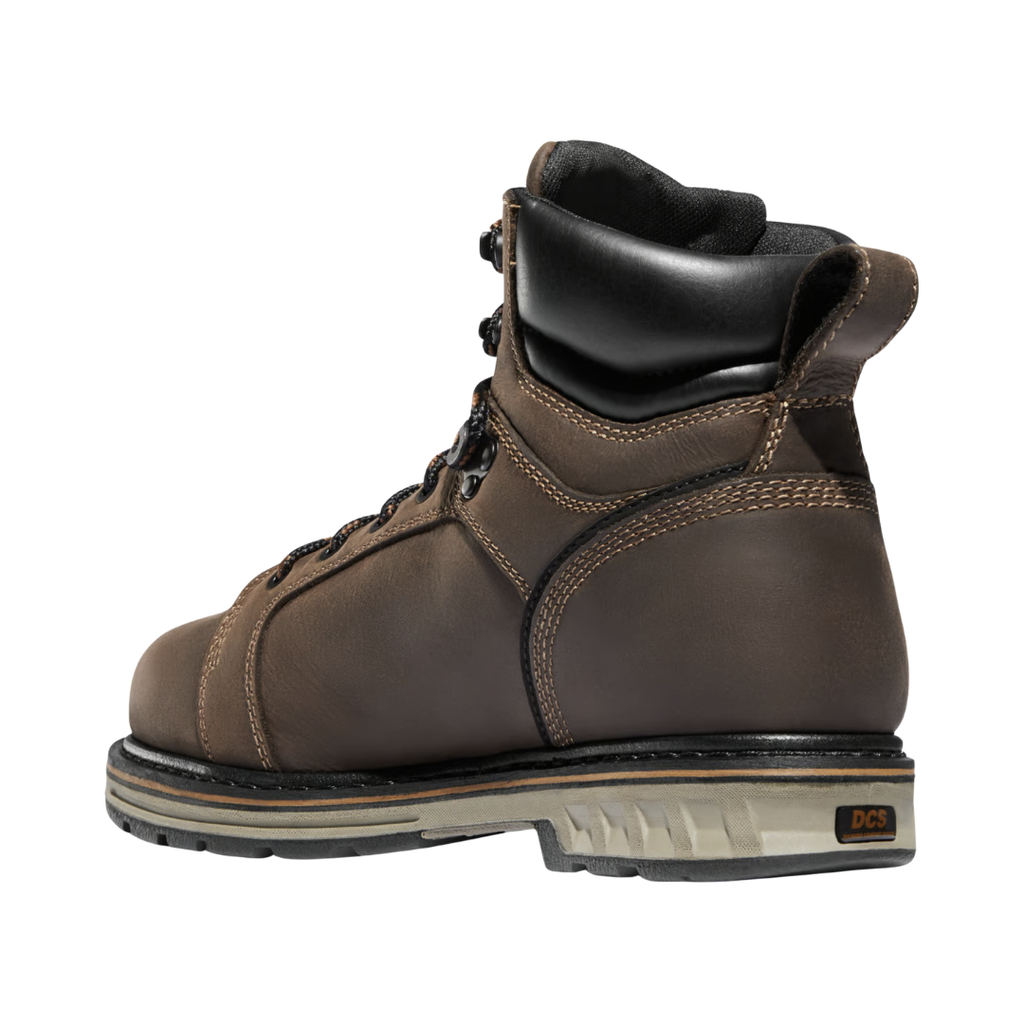 Back heel view of the Danner Men’s Steel Yard 6" Waterproof Steel Toe Boot in Brown highlighting the supportive 6-inch shaft, reinforced heel construction, waterproof Danner Dry liner, Goodyear welt construction, and durable Danner Steel Yard outsole engineered to enhance ankle stability, reduce fatigue, and deliver long-lasting performance in demanding work environments.