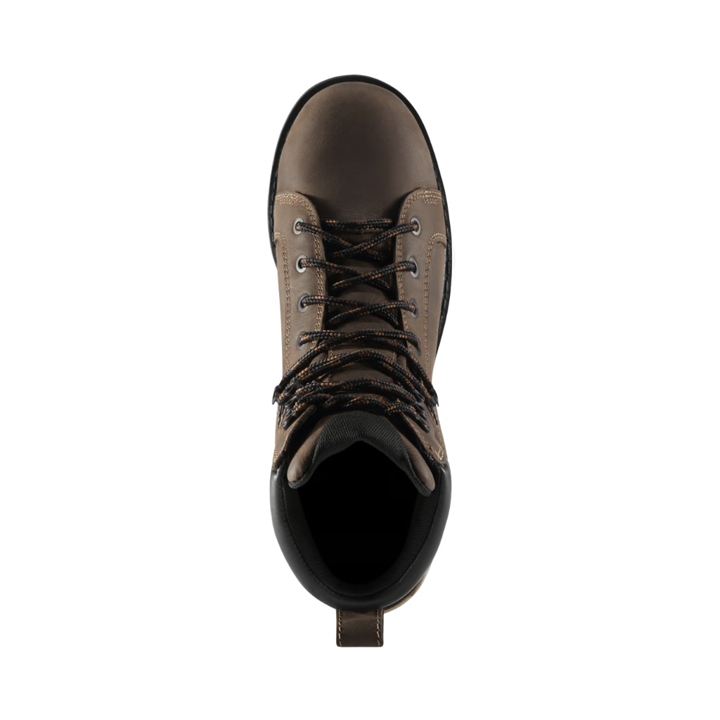 Top view of the Danner Men’s Steel Yard 6" Waterproof Steel Toe Boot in Brown displaying the premium full-grain leather upper, secure lace-up system, breathable waterproof Danner Dry lining, PLUS dual-density footbed, and supportive steel shank designed to provide moisture management, targeted cushioning, and superior underfoot support throughout the workday.