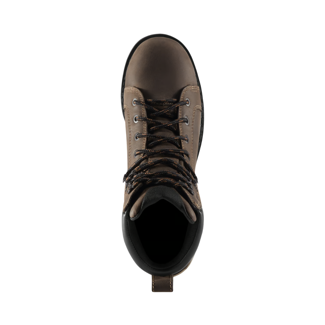 Top view of the Danner Men’s Steel Yard 6" Waterproof Steel Toe Boot in Brown displaying the premium full-grain leather upper, secure lace-up system, breathable waterproof Danner Dry lining, PLUS dual-density footbed, and supportive steel shank designed to provide moisture management, targeted cushioning, and superior underfoot support throughout the workday.