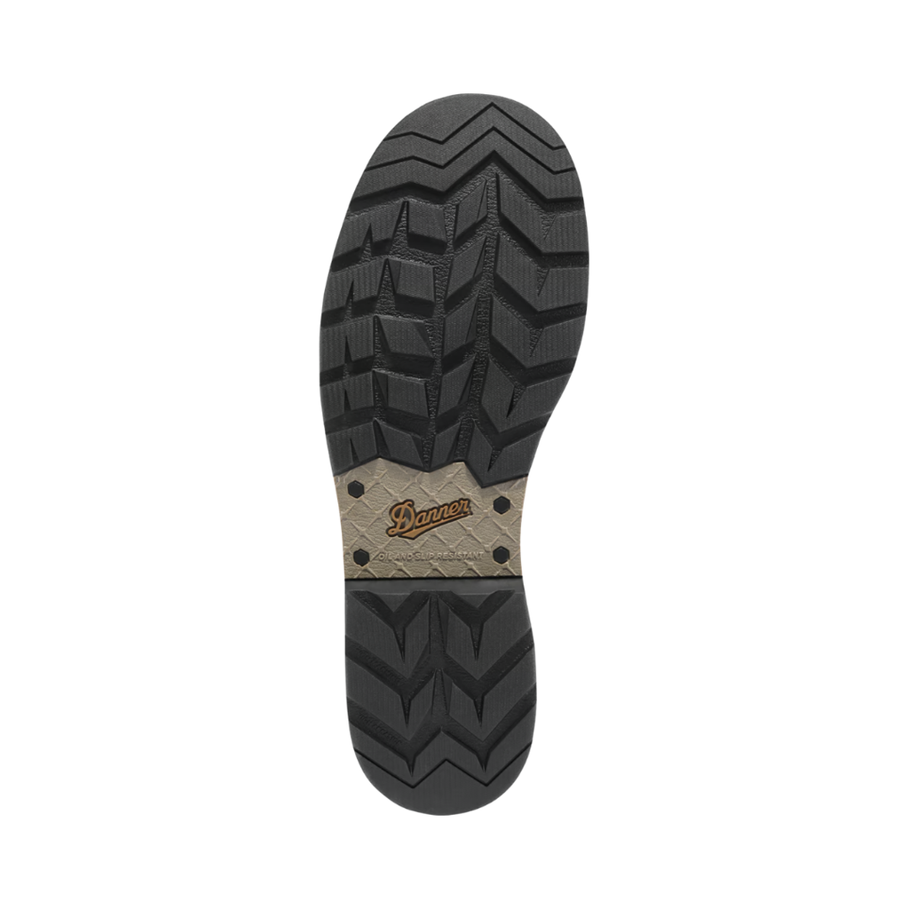 Bottom outsole view of the Danner Men’s Steel Yard 6" Waterproof Steel Toe Boot in Brown featuring the Danner Steel Yard outsole engineered to provide dependable traction and stability on slick, uneven, and rugged work surfaces while EH-rated electrical hazard protection, Goodyear welt construction, and supportive cushioning help provide comfort for conditions such as plantar fasciitis, heel pain, arch discomfort, metatarsalgia, flat feet, ankle fatigue, joint stress, and general foot fatigue.
